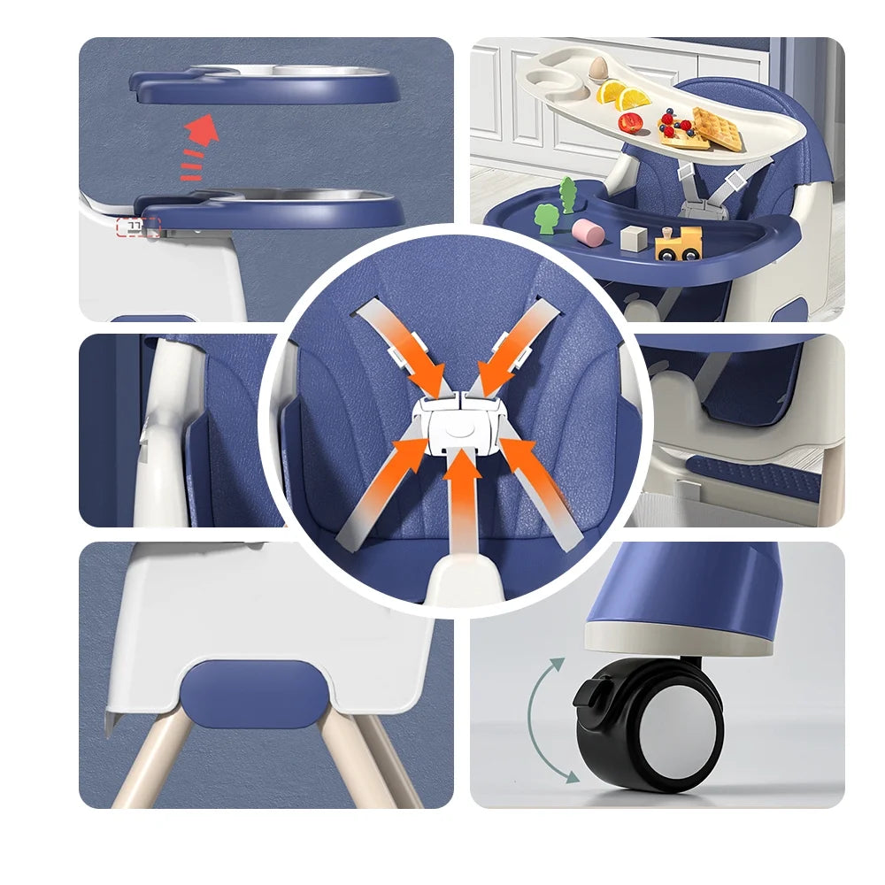 Adjustable 4-in-1 Baby Highchair and Convertible Toddler Dining Chair with 5-Point Safety Harness and Removable Dinner Plate, Blue