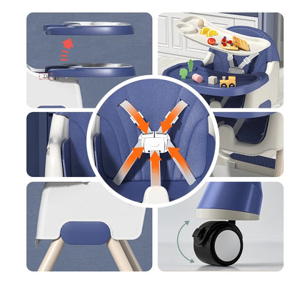 Adjustable 4-in-1 Baby Highchair and Convertible Toddler Dining Chair with 5-Point Safety Harness and Removable Dinner Plate, Blue