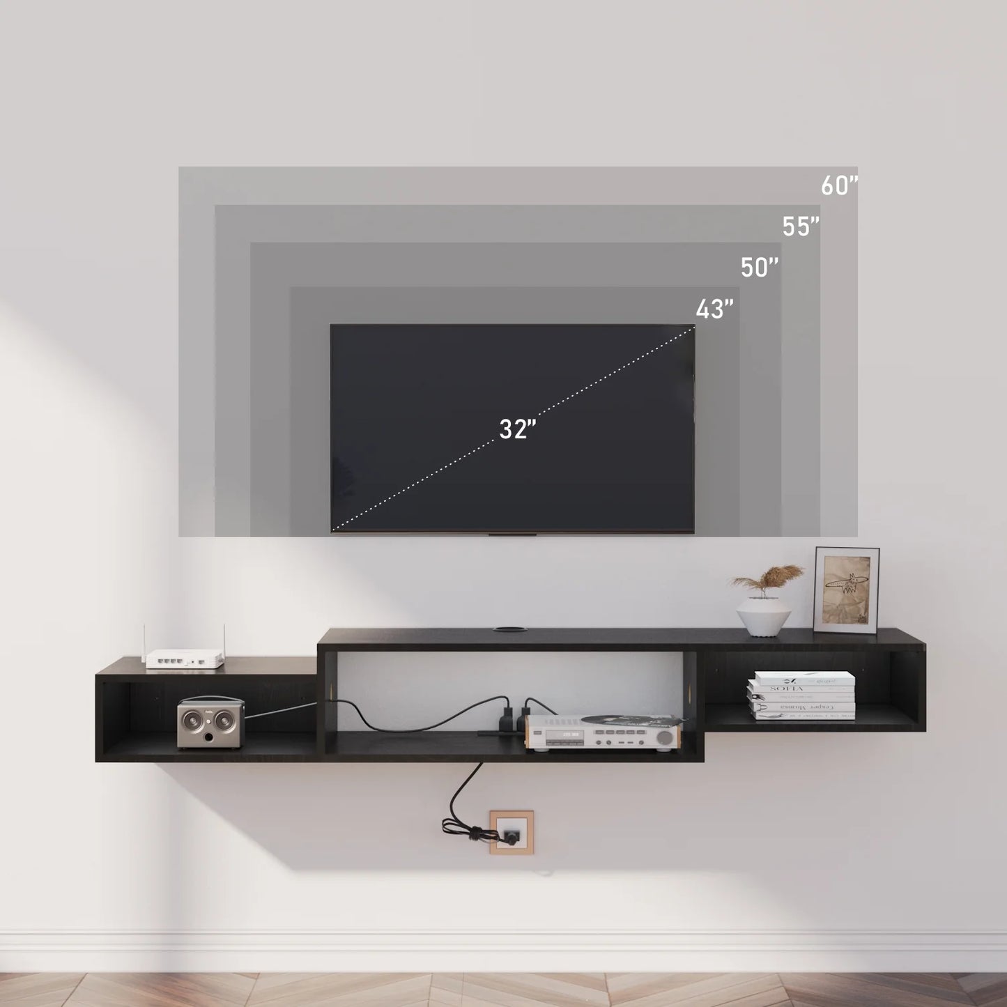59" Floating TV Stand with LED Lights & Power Outlet for 60 Inch TV, Wall Mounted Media Console Entertainment Center, Black