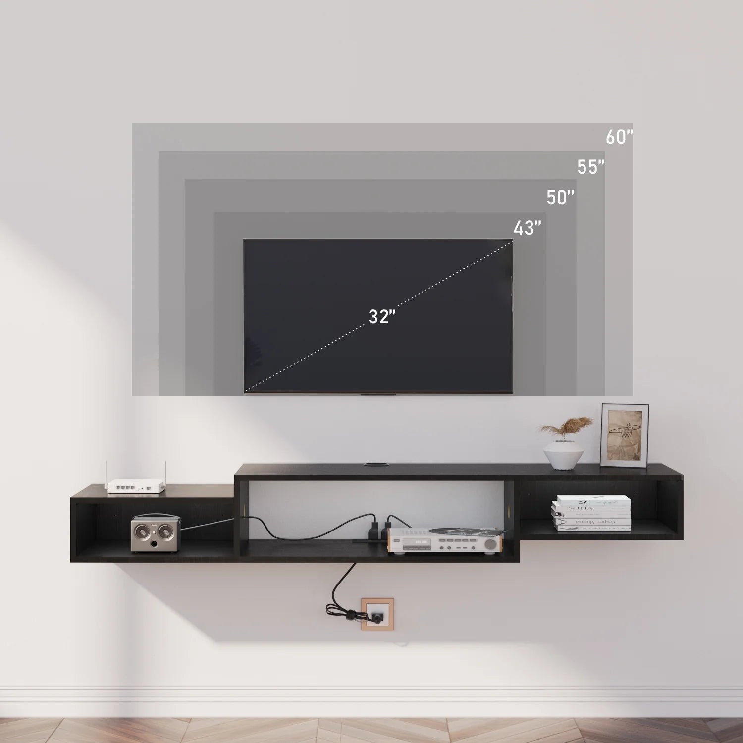 59" Floating TV Stand with LED Lights & Power Outlet for 60 Inch TV, Wall Mounted Media Console Entertainment Center, Black