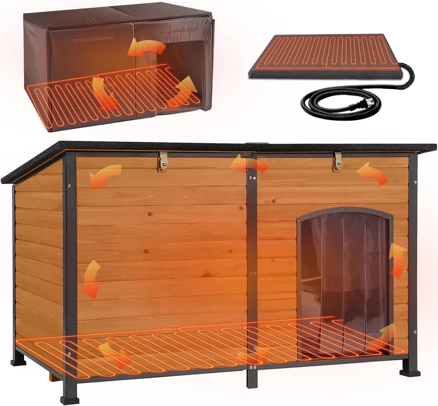 Extra Large Heated Dog House Outdoor Wooden Dog Kennel 59" Insulated with Heater All-Around Iron Frame