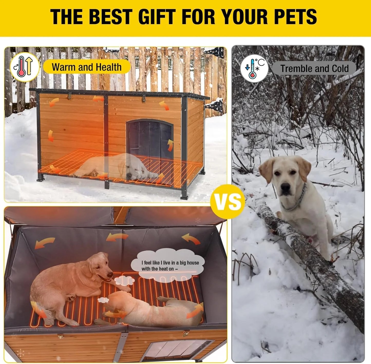 Extra Large Heated Dog House Outdoor Wooden Dog Kennel 59" Insulated with Heater All-Around Iron Frame