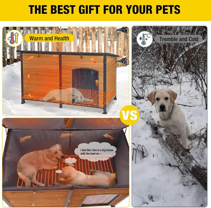 Extra Large Heated Dog House Outdoor Wooden Dog Kennel 59" Insulated with Heater All-Around Iron Frame
