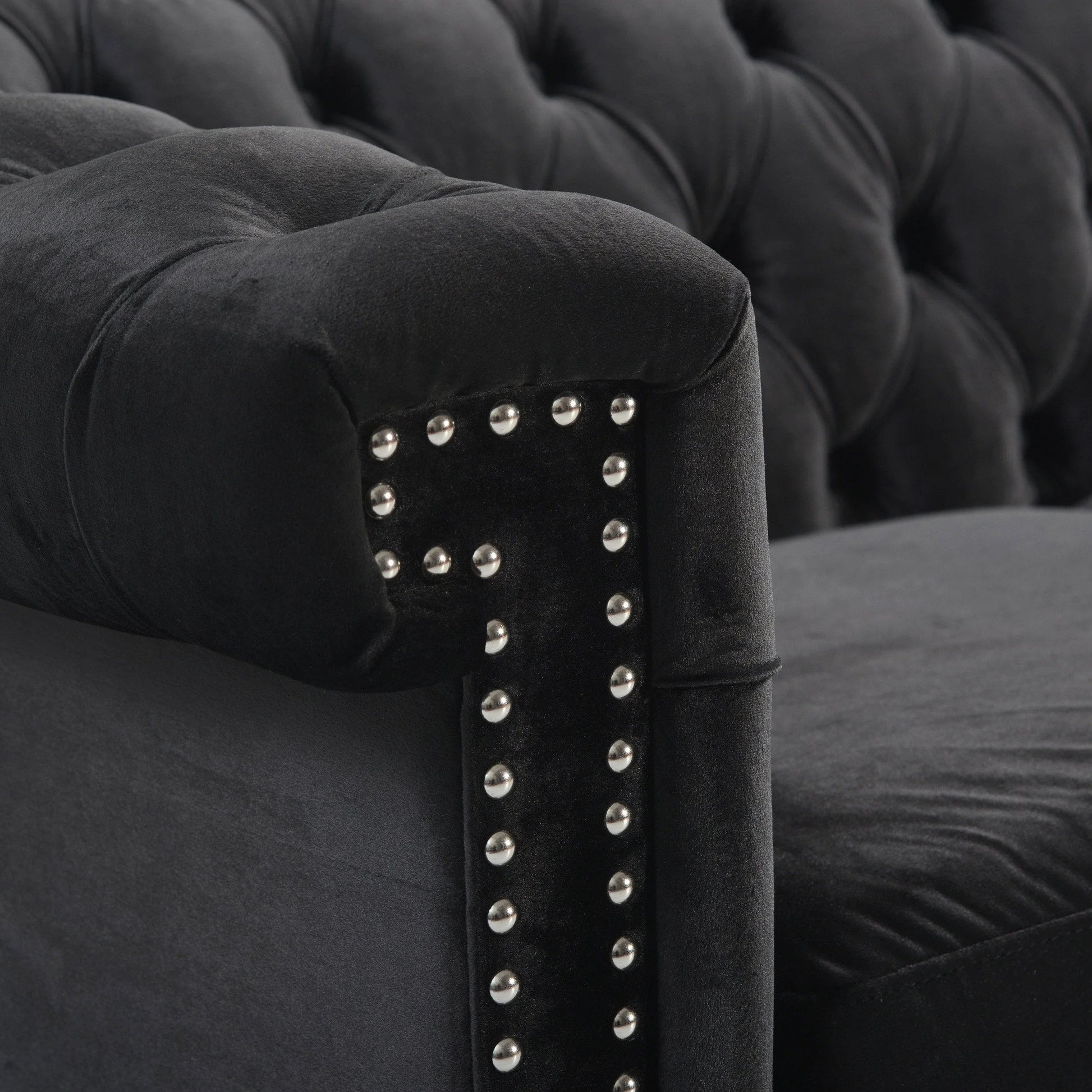 Zyiere Tufted Chesterfield Three-Seater Sofa in Black Velvet and Dark Brown