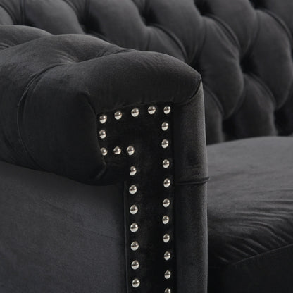 Zyiere Tufted Chesterfield Three-Seater Sofa in Black Velvet and Dark Brown