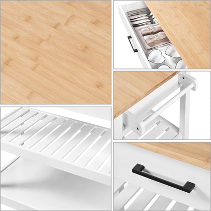 40-Inch Wide Rolling Kitchen Island Cart with Solid Wood Top, Drawer, and 2 Spacious Storage Shelves - Versatile Utility Trolley for Dining Room, White