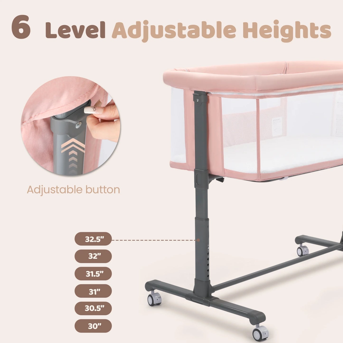 Height Adjustable Baby Bassinet with Wheels - Pink Co-Sleeper for Newborns