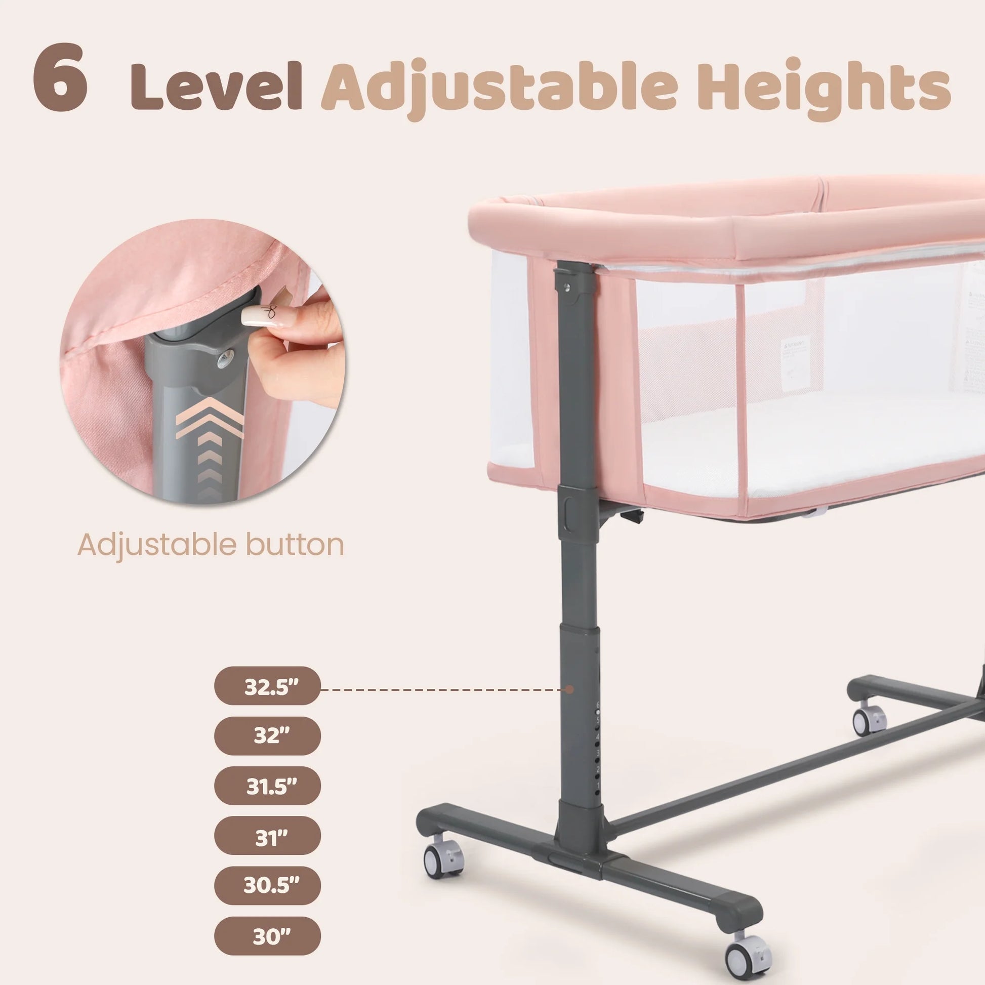 Height Adjustable Baby Bassinet with Wheels - Pink Co-Sleeper for Newborns