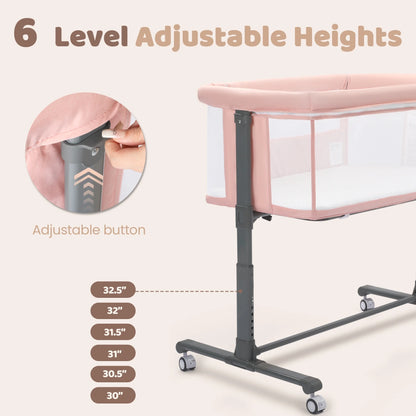 Height Adjustable Baby Bassinet with Wheels - Pink Co-Sleeper for Newborns