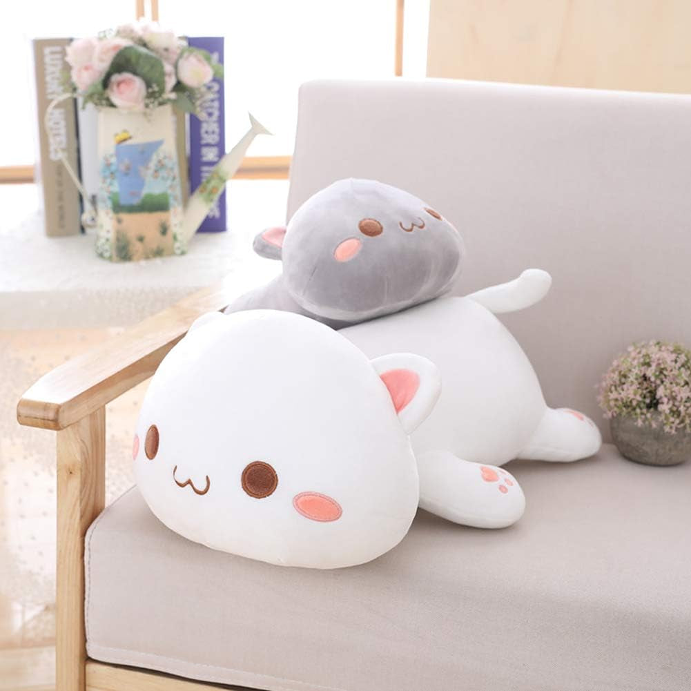 Soft Plush Cat Pillow Toy - 19.6" Kitten Stuffed Animal Gift for Kids (Grey with Round Eyes)