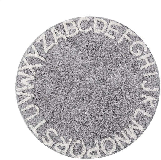 ABC Kids Rug - 59-Inch Round Cotton Alphabet Carpet in Grey and White, Soft and Educational for Playroom and Nursery