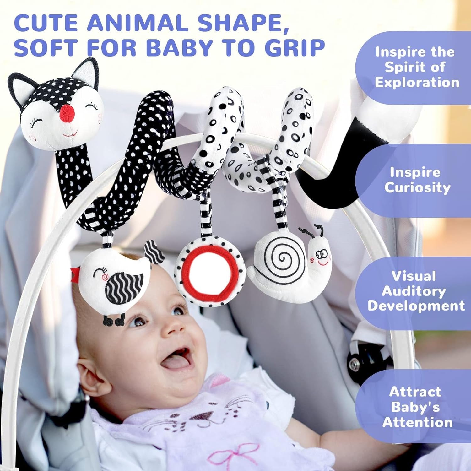 High Contrast Black and White Plush Spiral Toys for Infants, Ideal Sensory Car Seat and Stroller Accessories for Newborns 0-12 Months