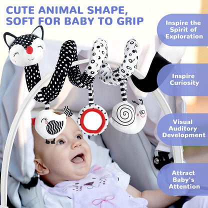 High Contrast Black and White Plush Spiral Toys for Infants, Ideal Sensory Car Seat and Stroller Accessories for Newborns 0-12 Months