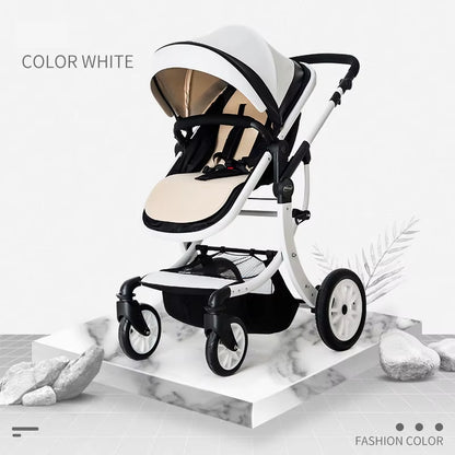 Luxury 3-in-1 Baby Stroller and Car Seat System - 2025 New PU Leather High Landscape Portable Pushchair in White