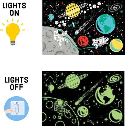 Outer Space Glow in the Dark 100-Piece Jigsaw Puzzle Featuring a Captivating Scene of Planets, Stars, and Intriguing Hidden Details