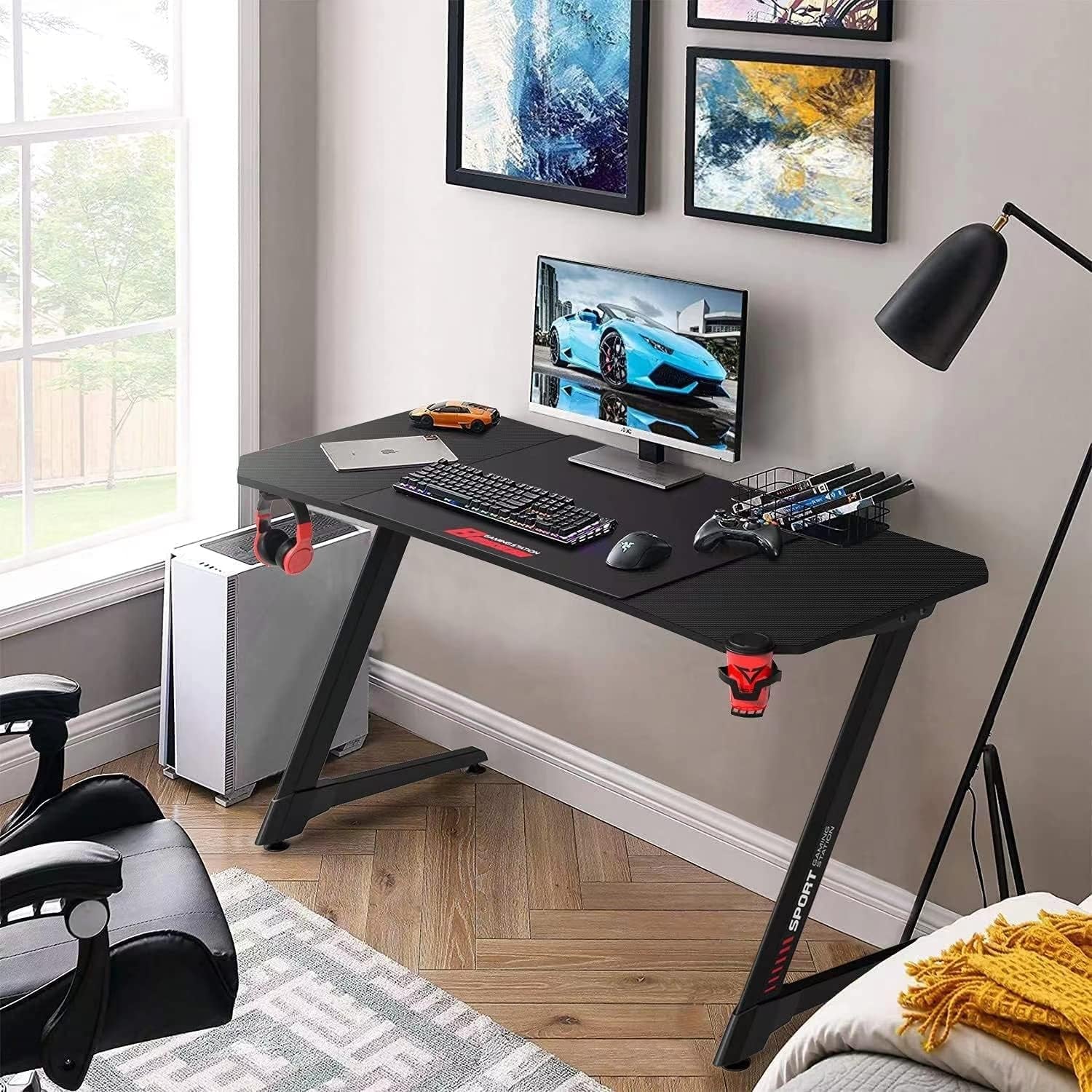 55-Inch Ergonomic Gaming Desk - Z-Shaped Office PC Desk with Mouse Pad, Gaming Handle Rack, Cup Holder, and Headphone Hook