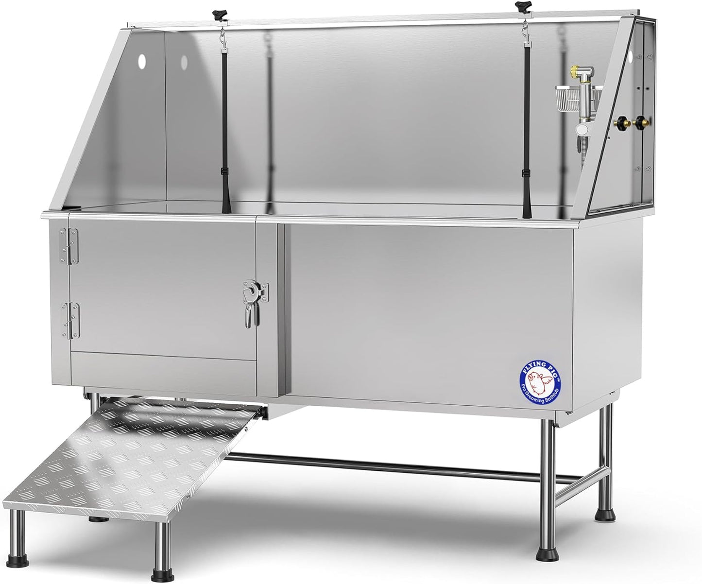 62" Stainless Steel Pet Grooming Bath Tub with Walk-In Ramp and Accessories (Left Door/Right Drain)