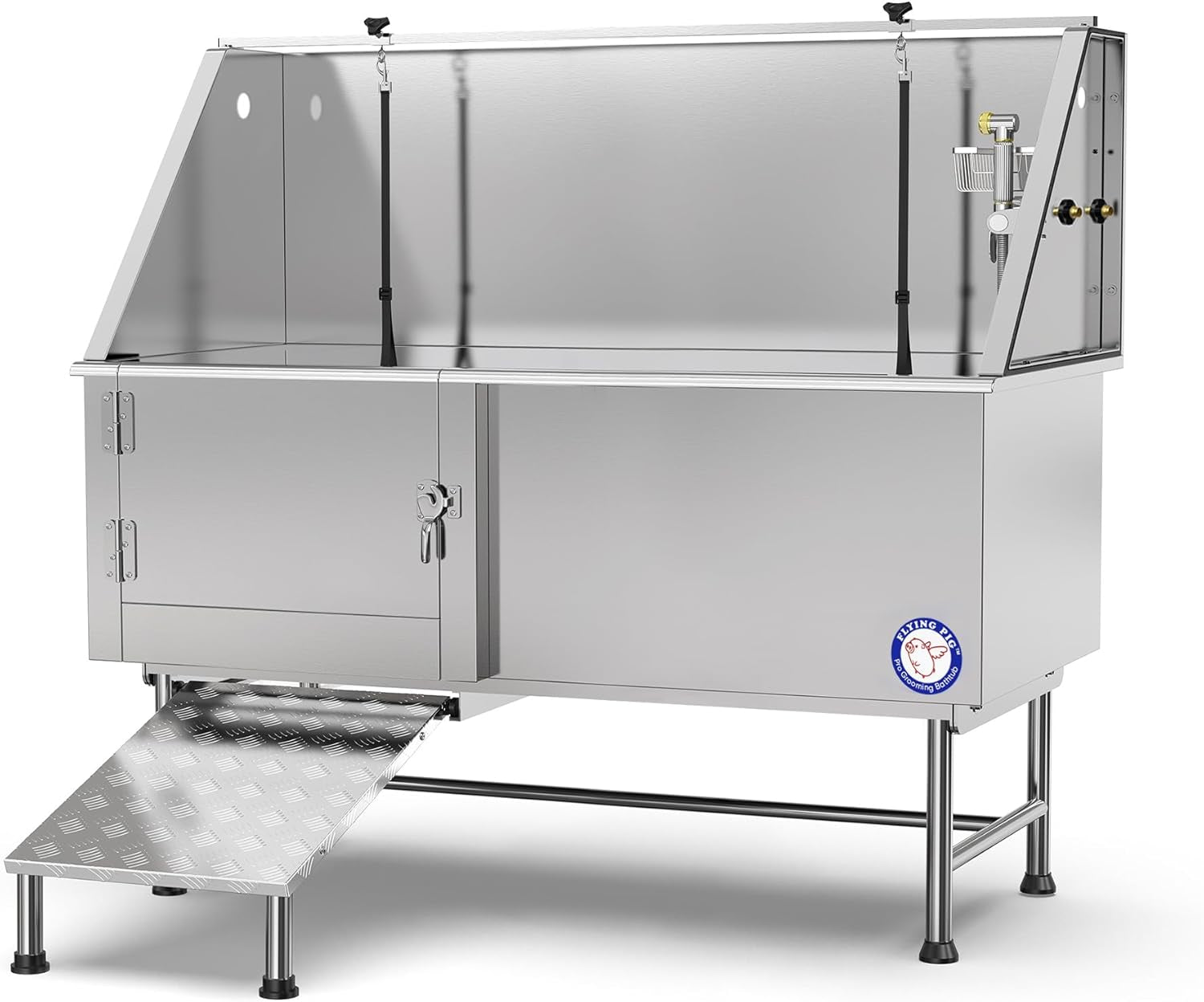62" Stainless Steel Pet Grooming Bath Tub with Walk-In Ramp and Accessories (Left Door/Right Drain)