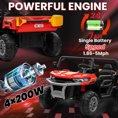 24 Volt Ride on Toys, 4WD Ride on Dump Truck for Kids, 2 Seater Ride on Car with Remote, Electric Power Car Wheels Toys with Trailer & Shovel, Mp3/Bluetooth Music, Red