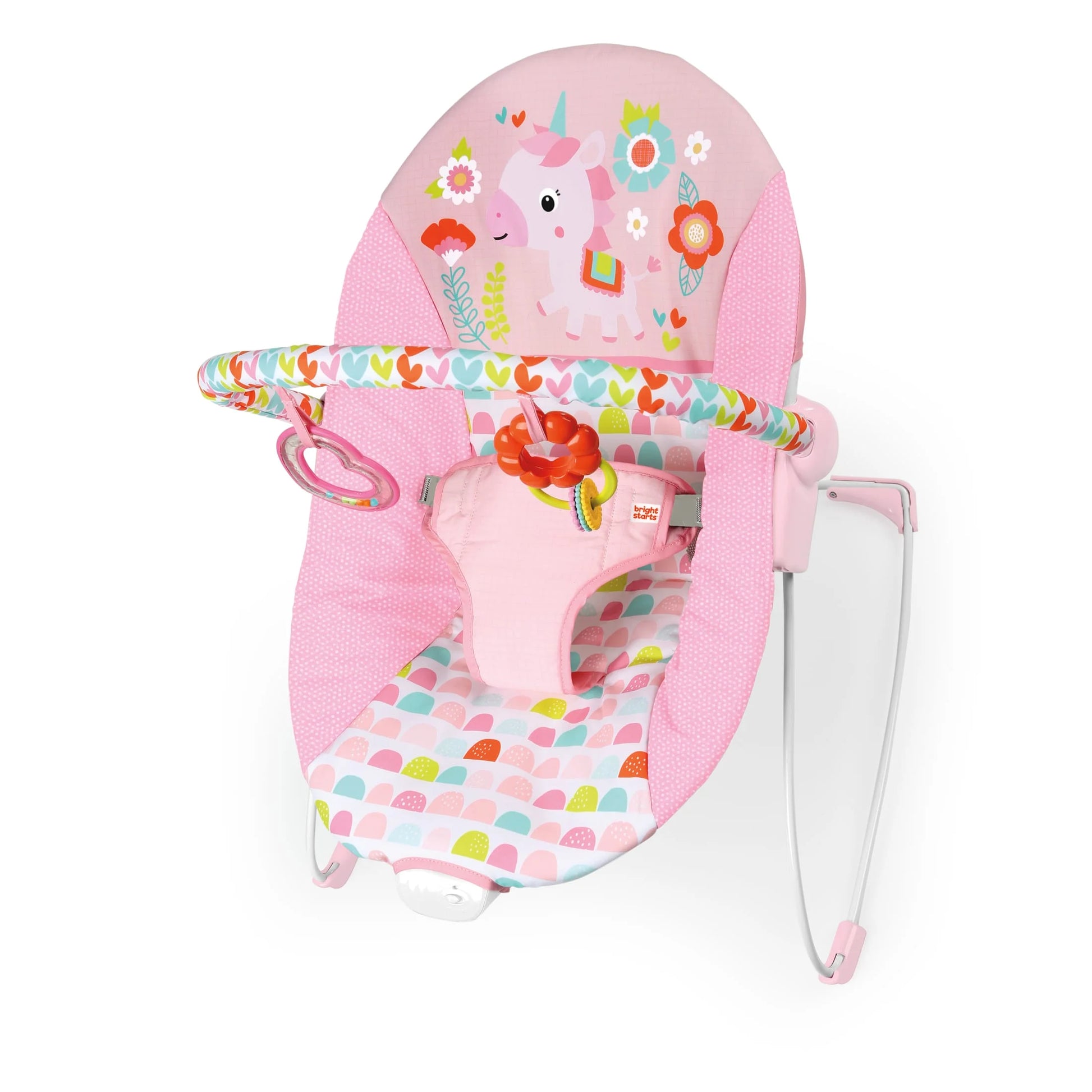 Infant Vibrating Bouncer Featuring Fantasy Unicorn Design and Toy Accessories