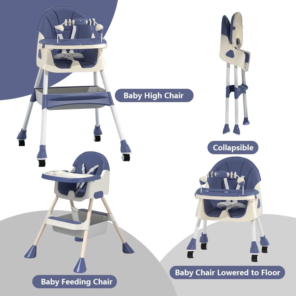 Adjustable 4-in-1 Baby Highchair and Convertible Toddler Dining Chair with 5-Point Safety Harness and Removable Dinner Plate, Blue
