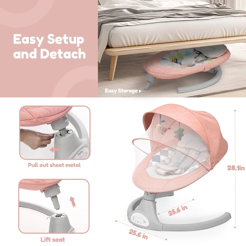 Electric Baby Swing and Rocker with Remote Control, Five Sway Speeds, Bluetooth Music Feature, Pink