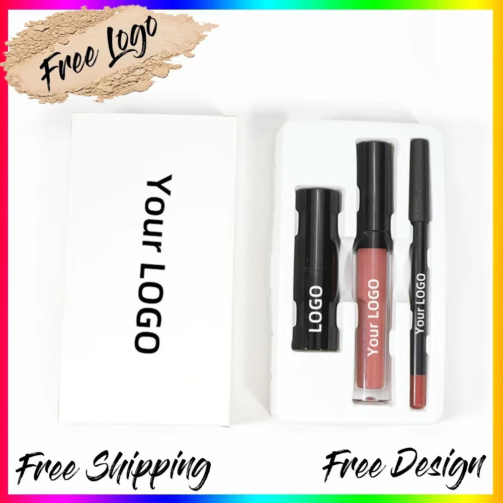 Private Label Lip Set Three-Piece Lip Liner Matte Lipstick Lip Gloss Moisturizing Long-Lasting High Pigment Lip Kit Wholesale