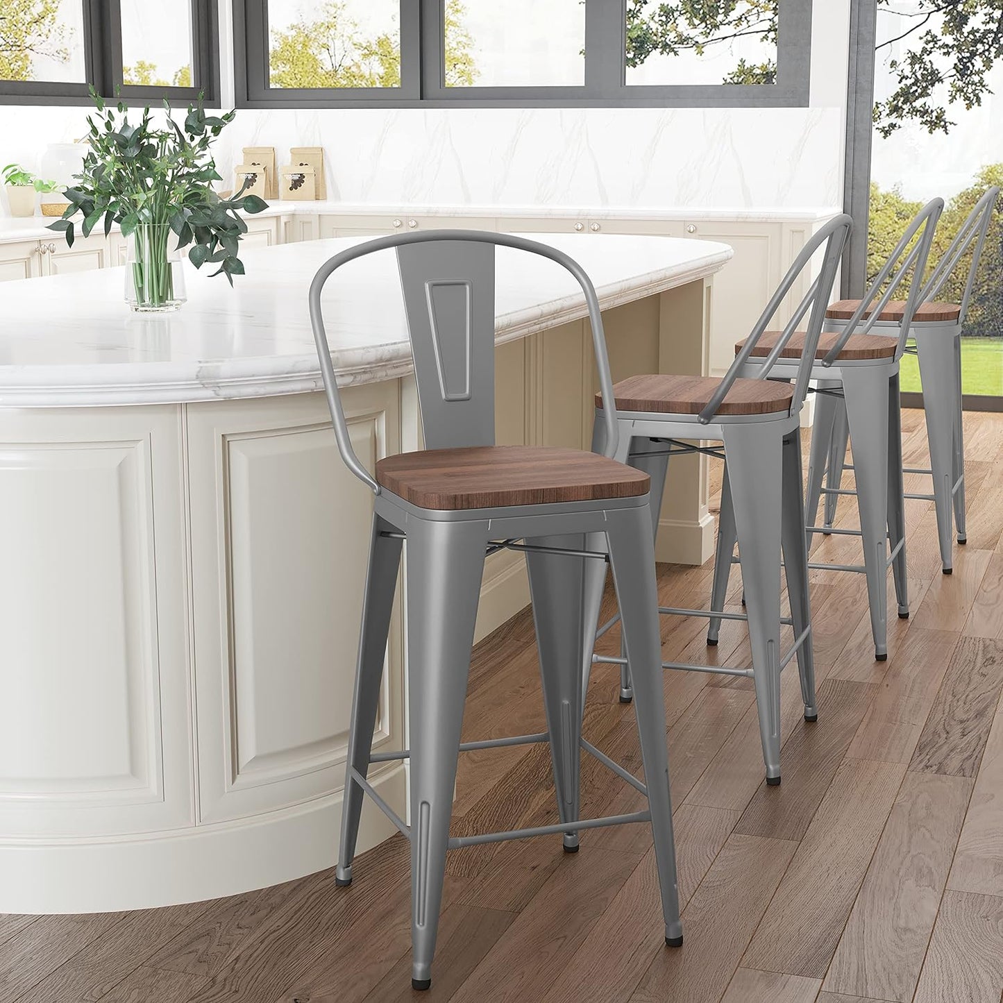 Set of 4 Metal Bar Stools, 24-Inch Counter Height with Backs, Farmhouse Design, Larger Seat, High Back Kitchen Dining Chairs, Modern Silver Bar Chairs