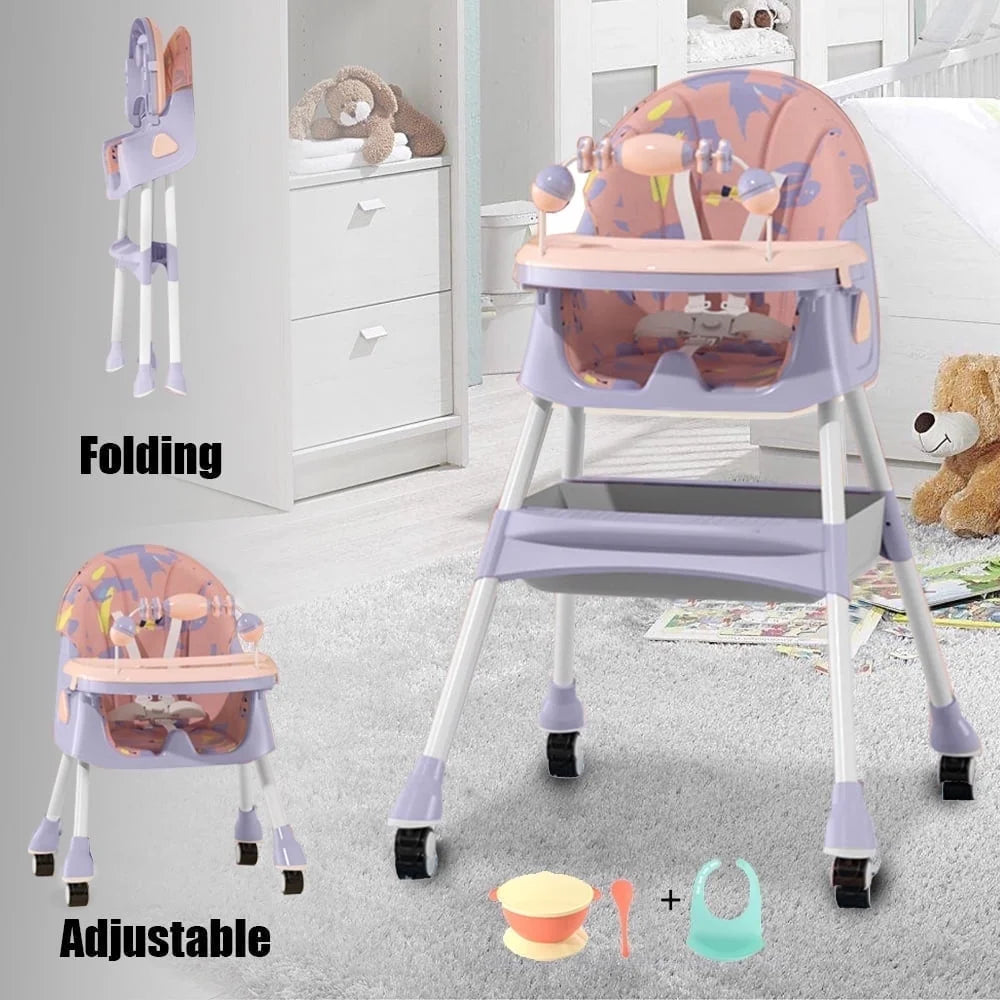 Convertible 4-in-1 Portable Baby High Chair with Five-Point Safety Harness, Dining Plate, and Toy Storage in Purple