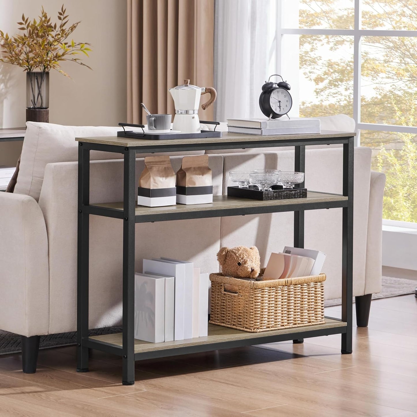 40-Inch Console Table with Storage Shelves and Metal Frame, Gray Wood Entryway and Living Room Table