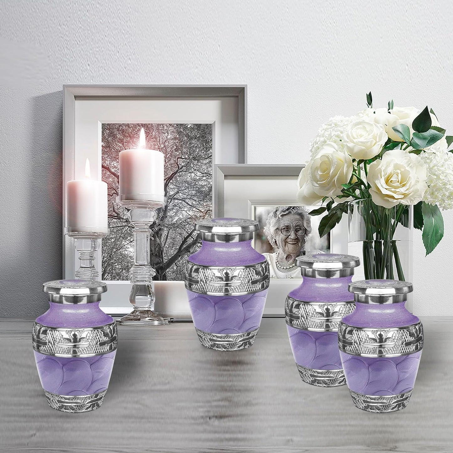 Small Urns for Human Ashes Keepsake, Decorative Mini Cremation Urn for Adult Men & Women, Set of 4, Purple with Silver Lining