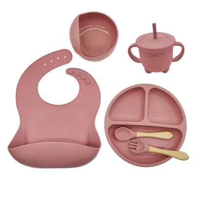 Children's Silicone Tableware Set - 6/8-Piece Dining Essentials with Suction Cups, Forks, Spoons, Bibs, Straws, and Cups for Mothers and Babies