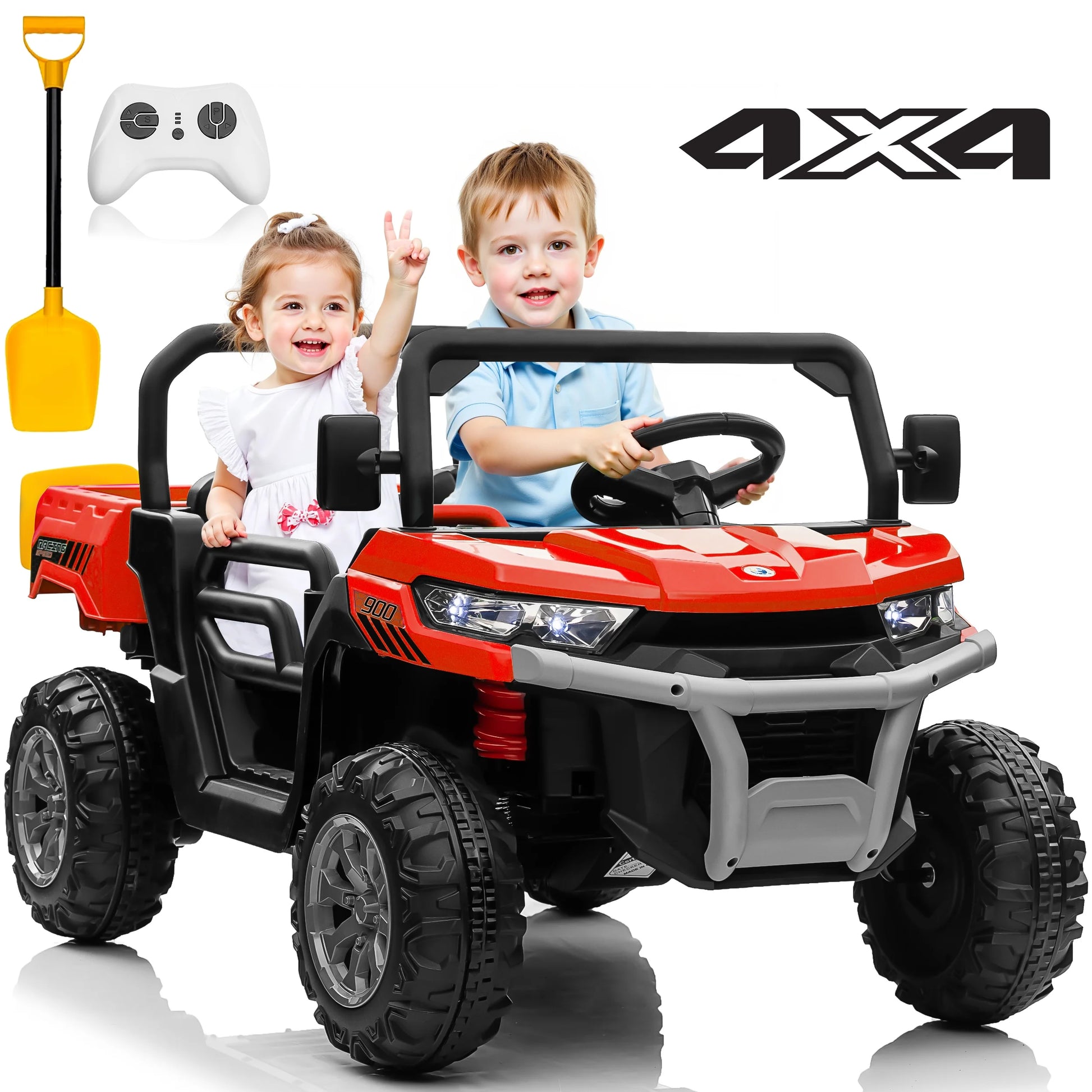 24 Volt Ride on Toys, 4WD Ride on Dump Truck for Kids, 2 Seater Ride on Car with Remote, Electric Power Car Wheels Toys with Trailer & Shovel, Mp3/Bluetooth Music, Red