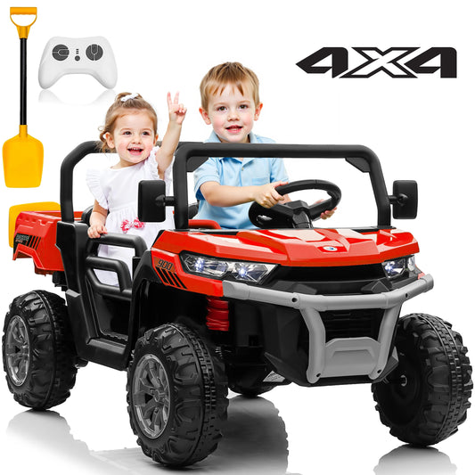 24 Volt Ride on Toys, 4WD Ride on Dump Truck for Kids, 2 Seater Ride on Car with Remote, Electric Power Car Wheels Toys with Trailer & Shovel, Mp3/Bluetooth Music, Red