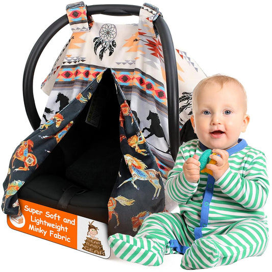 Reversible Infant Car Seat Canopy with Snap Opening (40" x 30") - Southwestern Tribal Horses Design for Boys and Girls