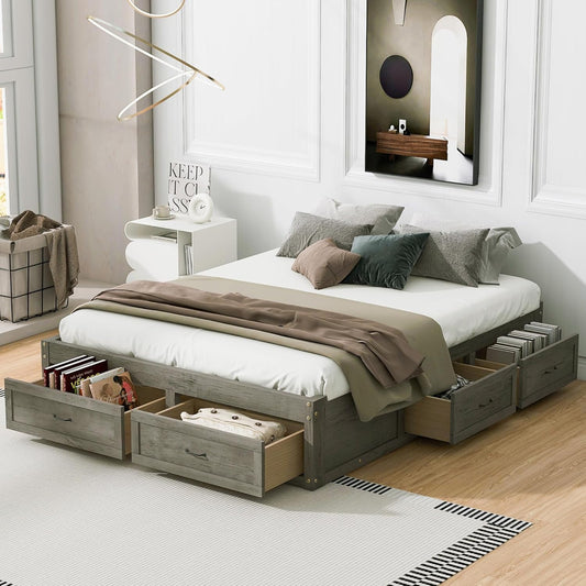 Queen Size Platform Bed, Wooden Queen Bed with 6 Storage Drawers, Antique Gray