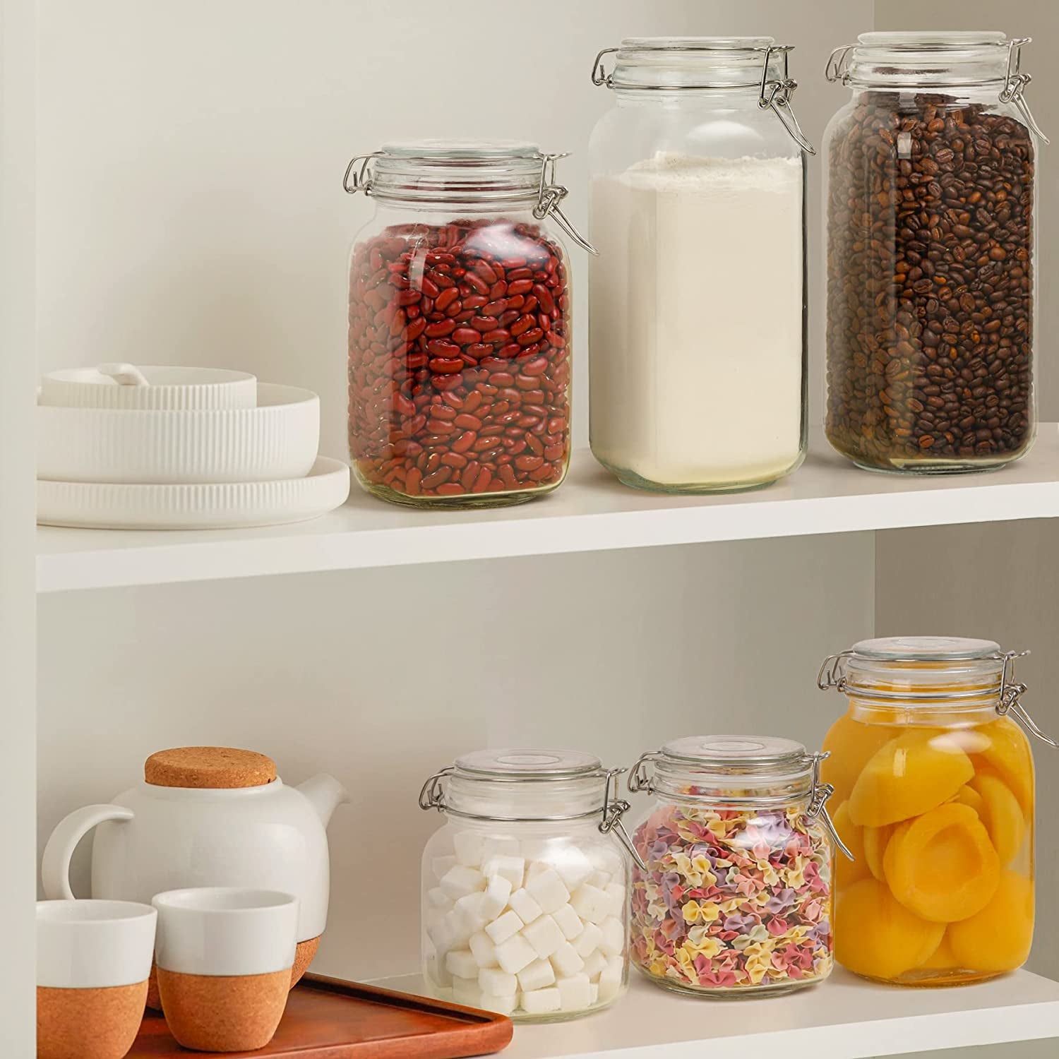 Airtight Glass Canister Set of 3 with Lids 34Oz Food Storage Jar Square - Storage Container with Clear Preserving Seal Wire Clip Fastening for Kitchen Canning Cereal,Pasta,Sugar,Beans,Spice