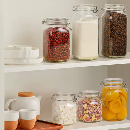 Airtight Glass Canister Set of 3 with Lids 34Oz Food Storage Jar Square - Storage Container with Clear Preserving Seal Wire Clip Fastening for Kitchen Canning Cereal,Pasta,Sugar,Beans,Spice