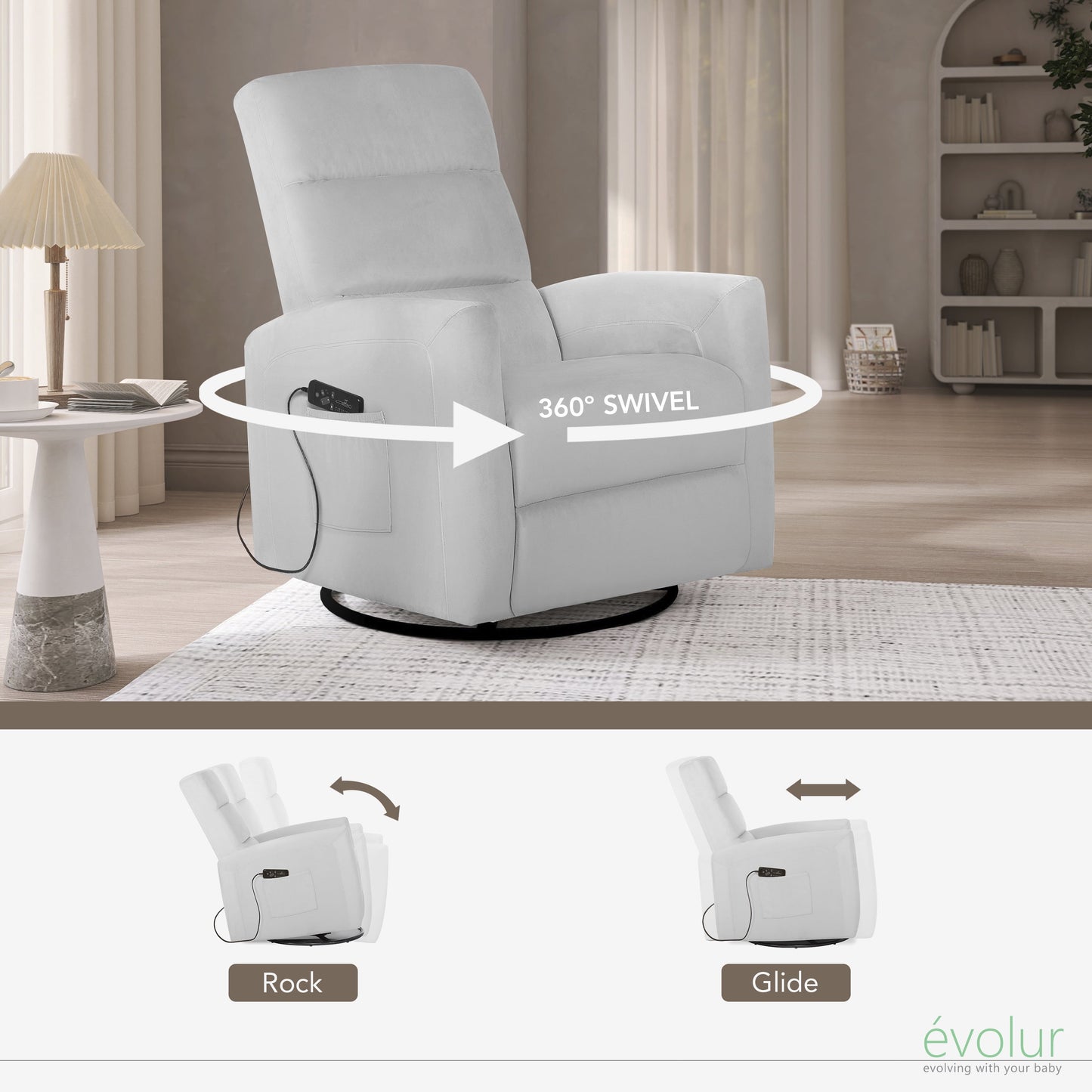 Reevo Upholstered Faux Leather Glider Chair with Swivel, Rocker, and Massage Features for Modern Nurseries - Misty Grey, Tool-Free Assembly, Easy to Clean, Eco-Friendly Design