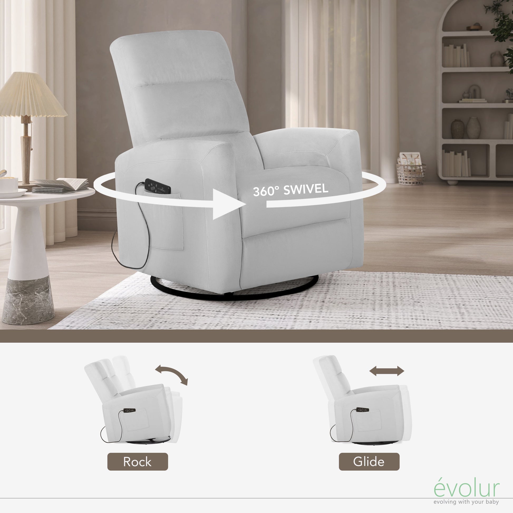 Reevo Upholstered Faux Leather Glider Chair with Swivel, Rocker, and Massage Features for Modern Nurseries - Misty Grey, Tool-Free Assembly, Easy to Clean, Eco-Friendly Design