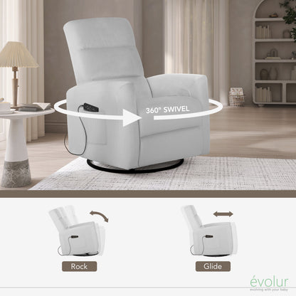 Reevo Upholstered Faux Leather Glider Chair with Swivel, Rocker, and Massage Features for Modern Nurseries - Misty Grey, Tool-Free Assembly, Easy to Clean, Eco-Friendly Design