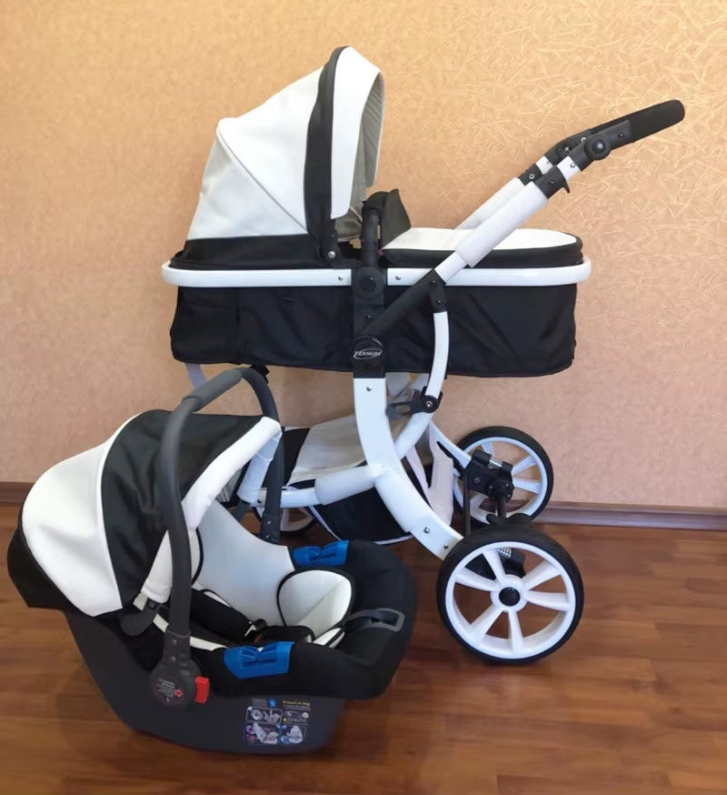 Luxury 3-in-1 Baby Stroller and Car Seat System - 2025 New PU Leather High Landscape Portable Pushchair in White