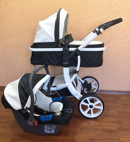 Luxury 3-in-1 Baby Stroller and Car Seat System - 2025 New PU Leather High Landscape Portable Pushchair in White