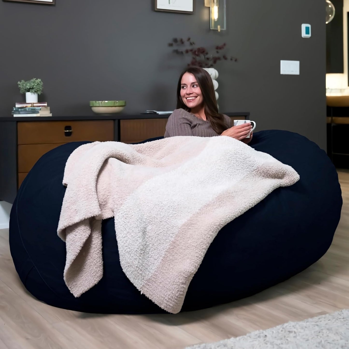 Fuf 6.5-Foot Foam Bean Bag Chair for Kids and Families, Perfect for Living Spaces and Basements, Cobalt Lenox, Durable Woven Polyester Construction