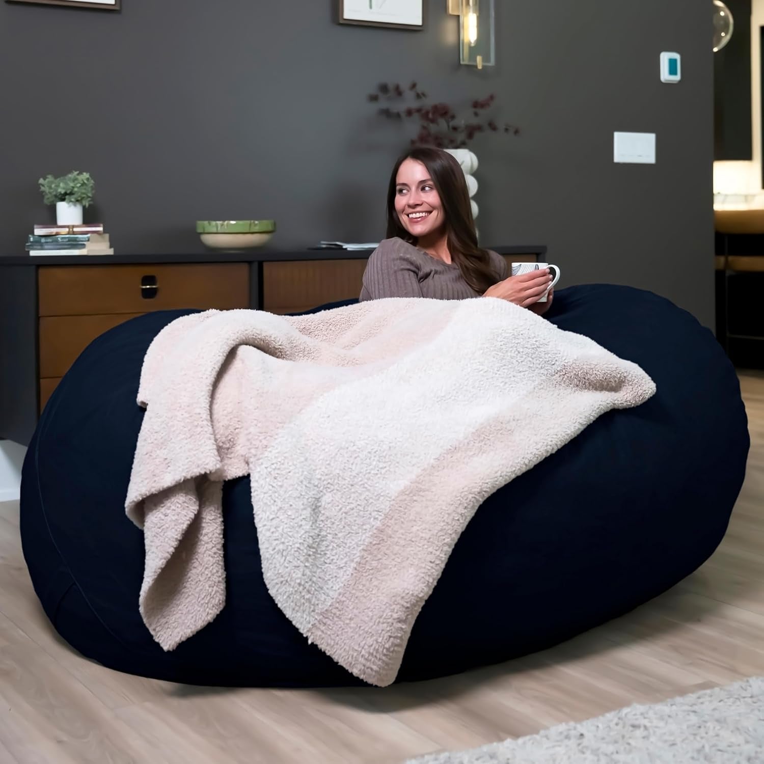 Fuf 6.5-Foot Foam Bean Bag Chair for Kids and Families, Perfect for Living Spaces and Basements, Cobalt Lenox, Durable Woven Polyester Construction