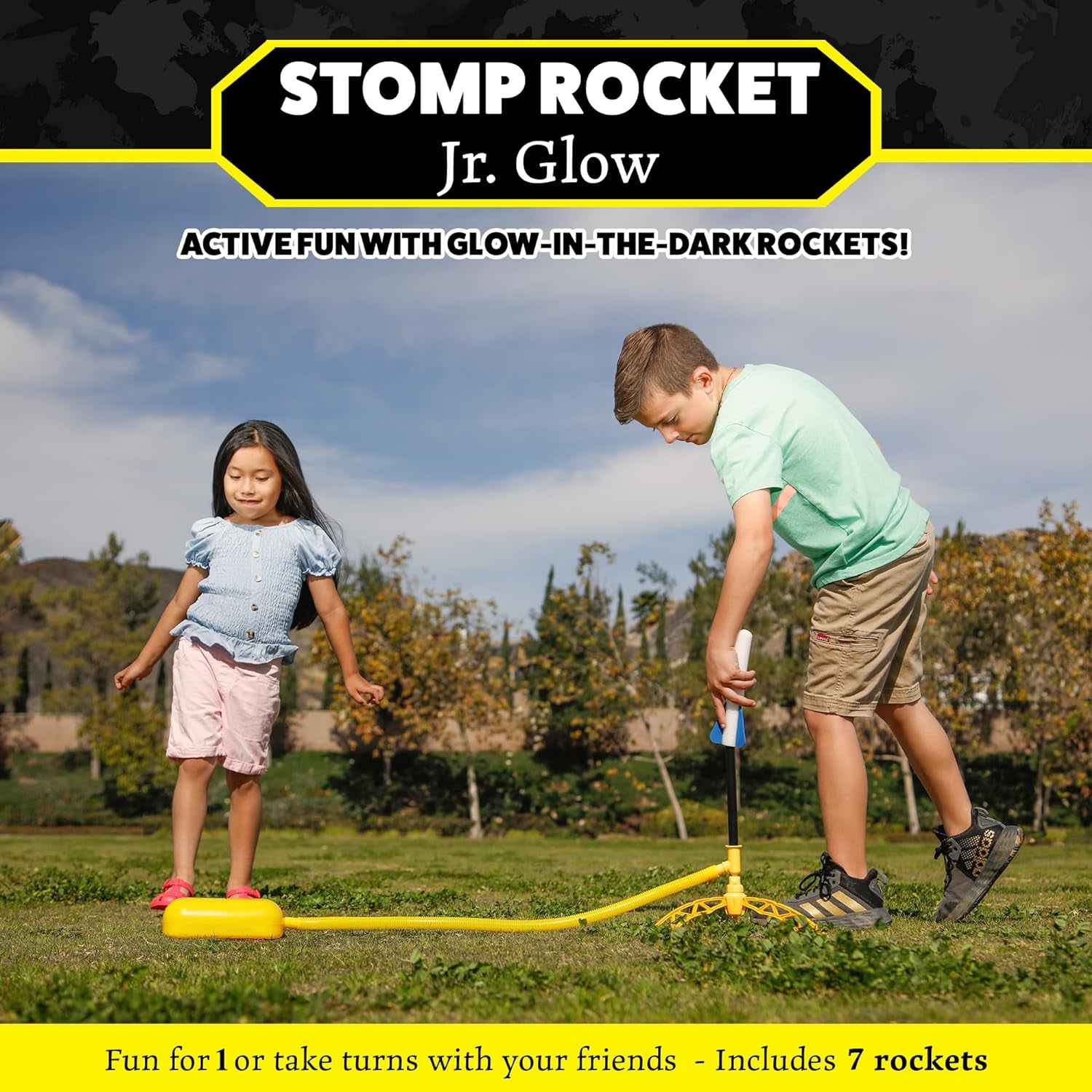 Junior Glow Rocket Launcher with 7 Glow-in-the-Dark Rockets - Outdoor Fun for Kids - Soft Foam Blaster Set with Adjustable Multi-Player Launcher Stand