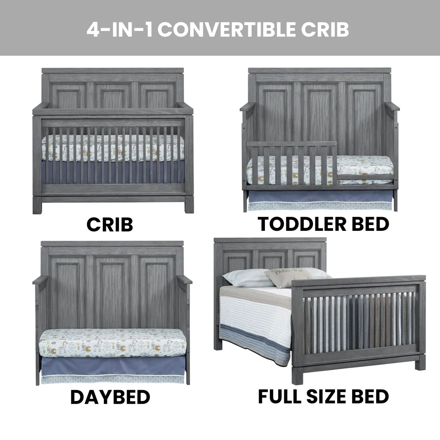 Manchester 4-in-1 Convertible Crib in Rustic Gray, GREENGUARD Gold Certified for Enhanced Safety and Quality