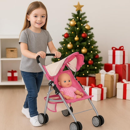 Elegant Doll Stroller with Basket - Pink and Off-White Foldable Stroller for Dolls up to 18 Inches, Featuring Two Complimentary Magic Bottles