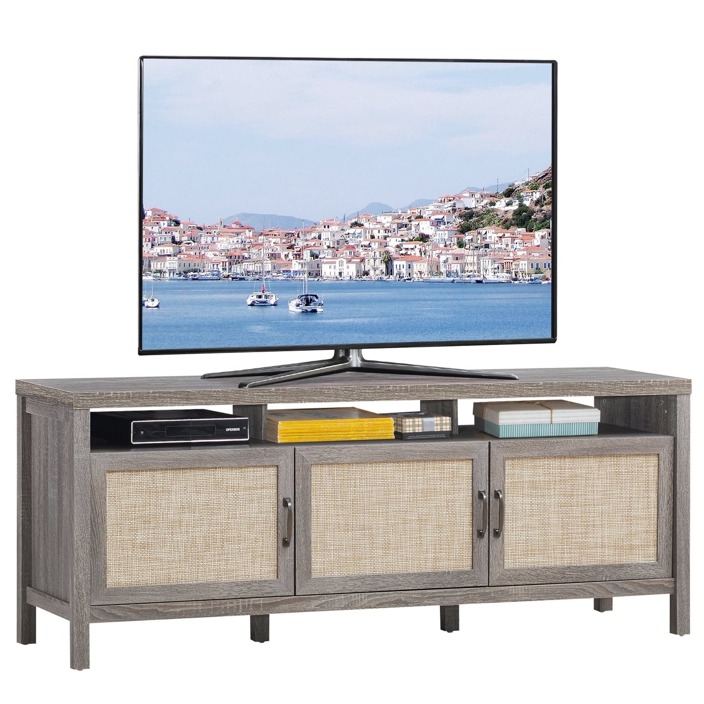 Universal Television Stand Cabinet Media Console with Three Rattan Doors in Grey