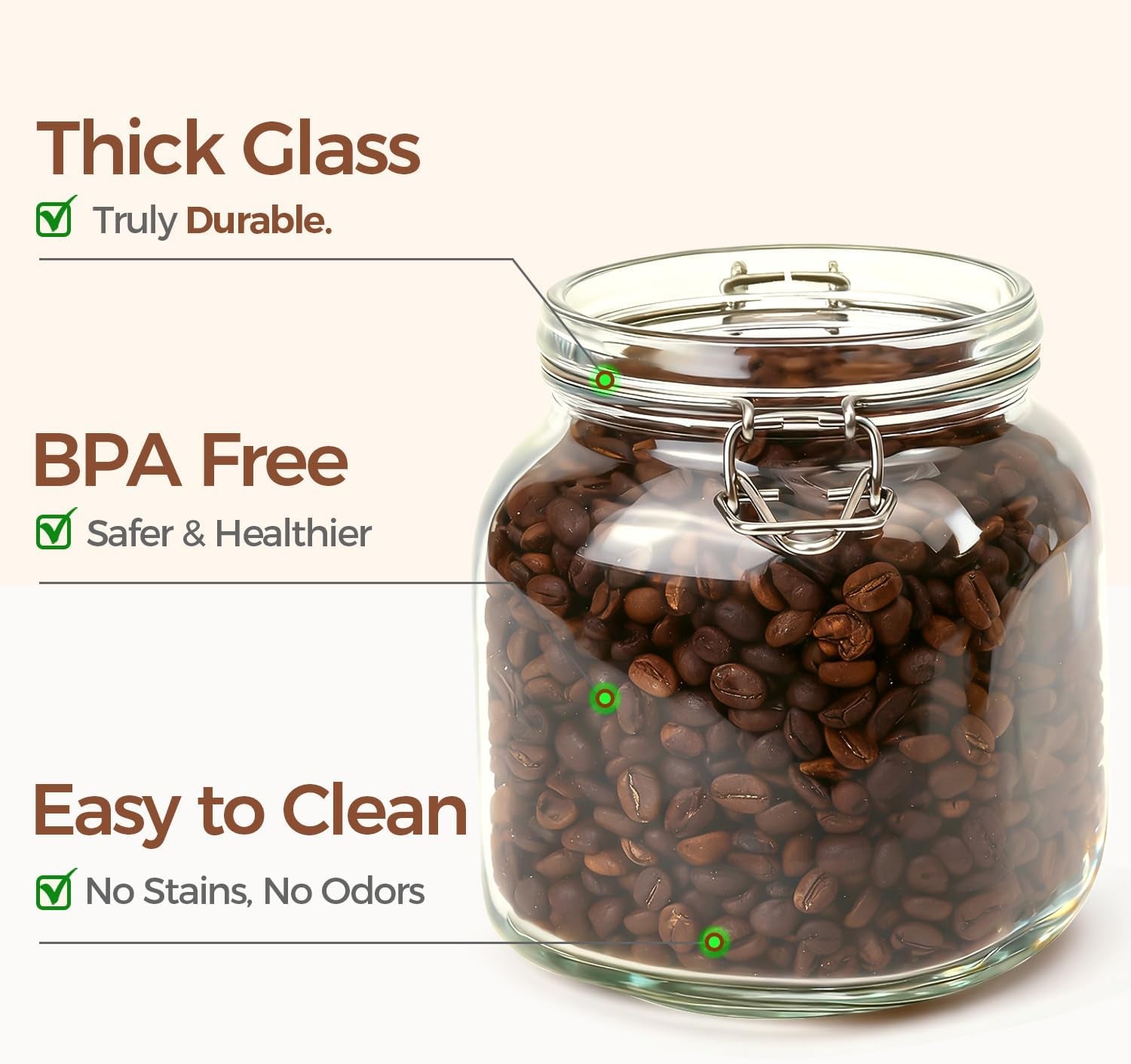 Airtight Glass Canister Set of 3 with Lids 34Oz Food Storage Jar Square - Storage Container with Clear Preserving Seal Wire Clip Fastening for Kitchen Canning Cereal,Pasta,Sugar,Beans,Spice
